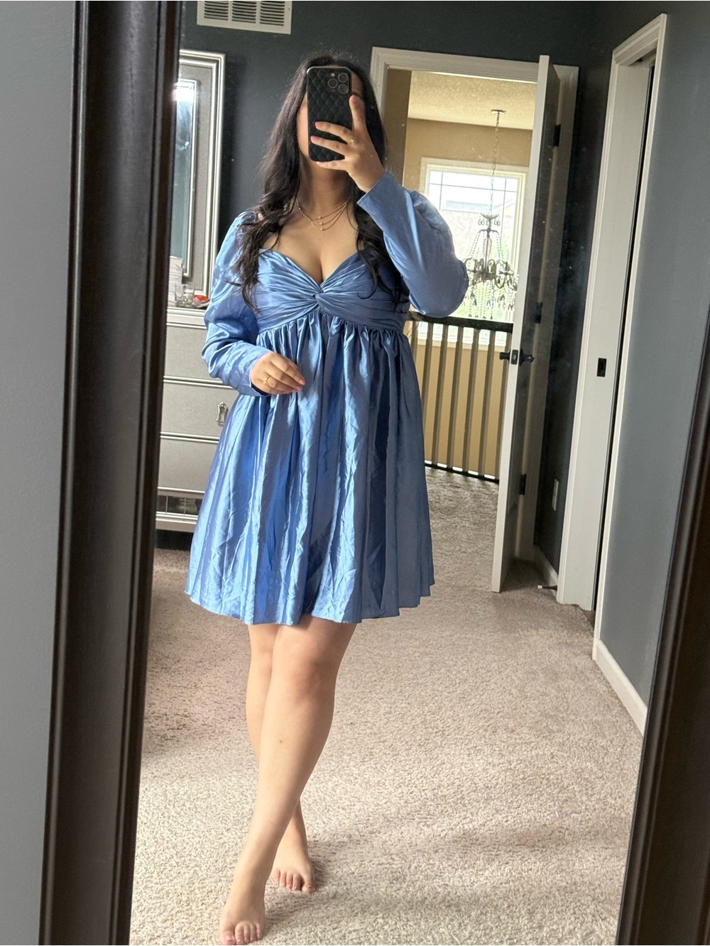 Blue V-Neck Long Sleeve Mini Dress